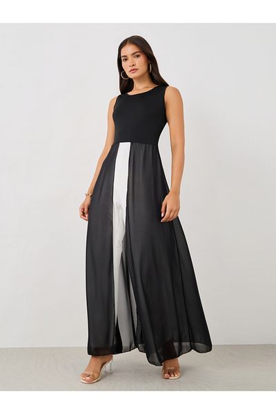 Styli Sleeveless Color Block Jumpsuit with Chiffon Skirt Detail