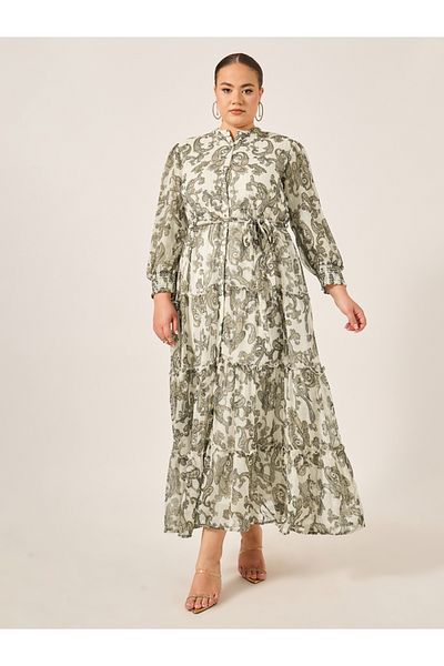 Styli Plus Size Paisley Print Long Sleeves Tiered Maxi Dress