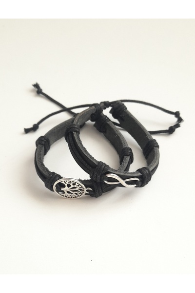 AB Takı Set of 2 Fashionable Genuine Leather Bracelets with Infinity and Tree of Life Figures