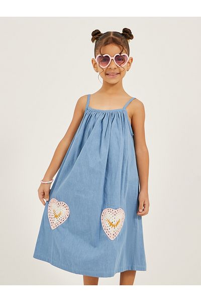 Styli Crochet Pocket Detail Strappy Denim Dress