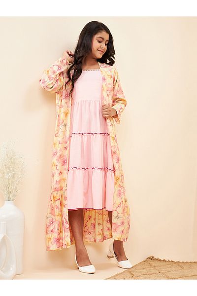 Stylo Bug By Styli Solid Tiered Midi Dress with Floral Printed Shrug