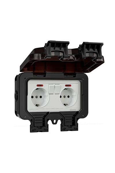 INNOVIX Outdoor Double Socket, Ip66, 250v 16a, Eu Standard, Black, With Individual Switches