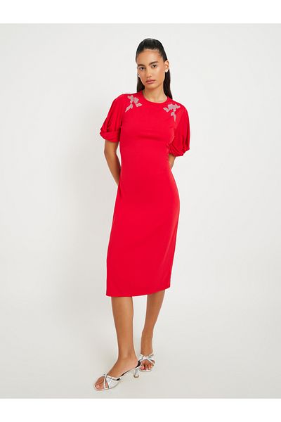 Styli Women Red Embellished Detail Short Sleeves Sheath Knee Length Dress