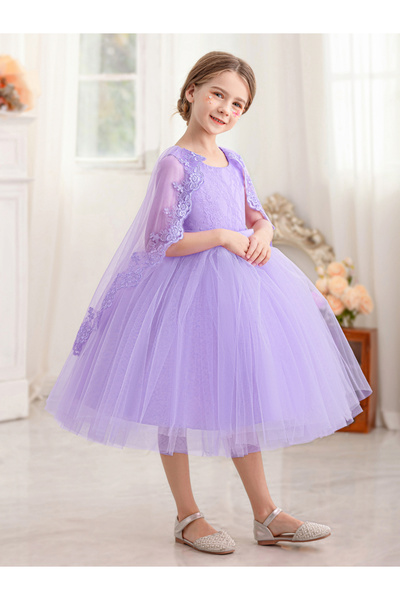 Take Two By Styli Lace Cape Sleeve Mesh Fit and Flare Dress