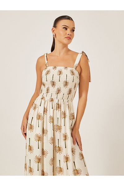 Styli Beige Palm Tree Print Wide Leg Jumpsuit