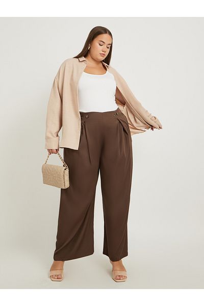 Styli Plus Size Solid Pleated Wide Leg Pants with Button Detail
