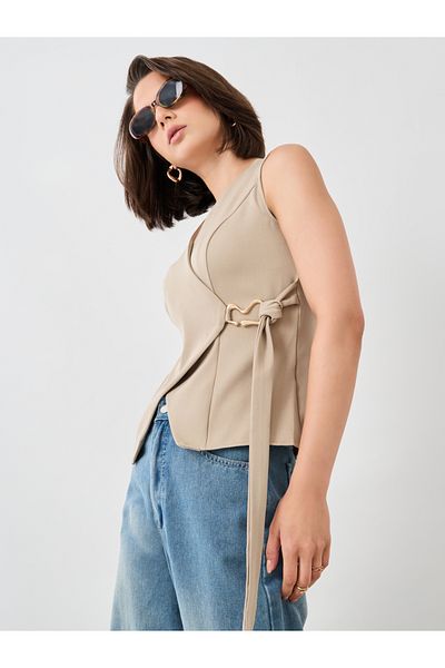 Styli Solid Sleeveless Wrap Vest with Tie-Up Detail