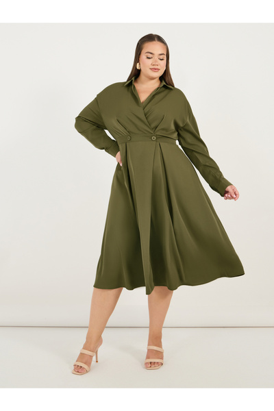 Styli Plus Size Wrap Front A-Line Shirt Midi Dress