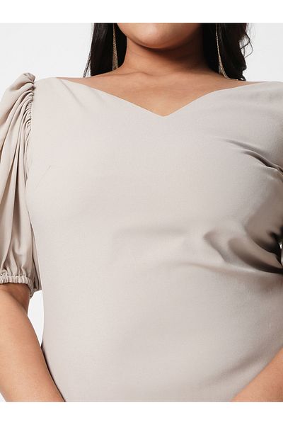 Mish By Styli Solid Wide V Neck Puff Sleeve Dress
