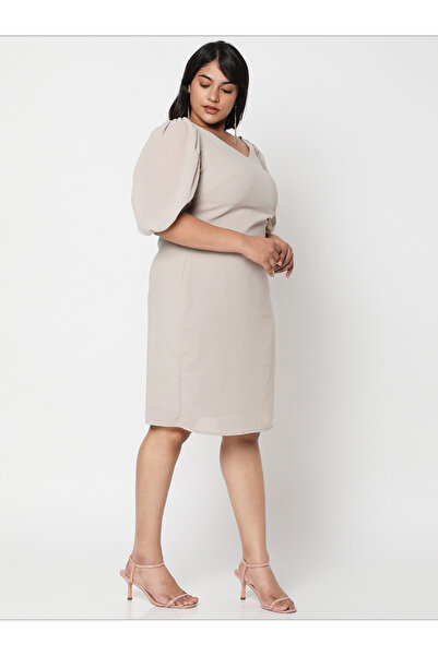 Mish By Styli Solid Wide V Neck Puff Sleeve Dress