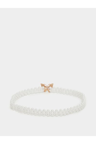 Styli Women Faux Pearl Embellished Butterfly Buckle Belt