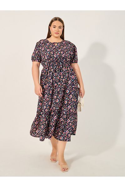 Styli Plus Size Floral Print Keyhole Neck Tiered Midi Dress