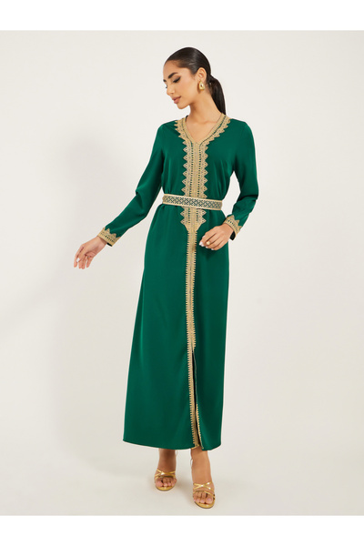 Styli Lace Insert V-Neck Belted A-Line Jalabyia