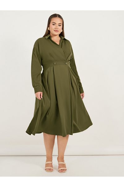 Styli Plus Size Wrap Front A-Line Shirt Midi Dress