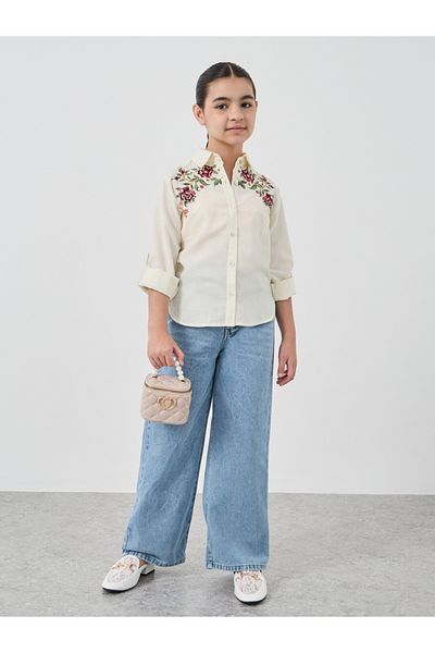 Styli Girls Embroidered Roll-Up Sleeves Shirt