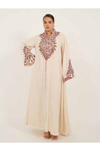 Styli Plus Size Stand Collar Embroidered A-Line Jalabyia