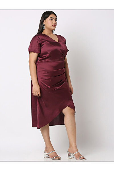 Mish By Styli Solid Satin Wrap V-Neck Dress with Pleated Detail