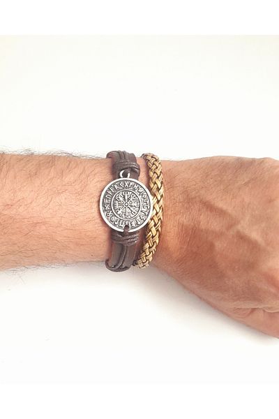 AB Takı 2-Piece Fashion Genuine Leather Bracelet with Compass Vegvisir Figure