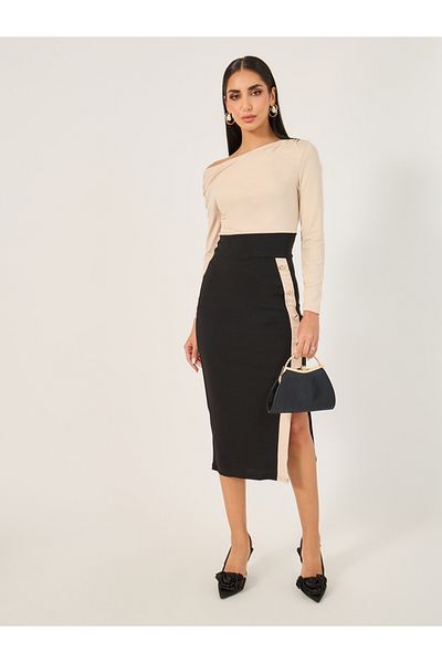 Take Two By Styli Color Block Long Sleeve Bodycon Midi Dress