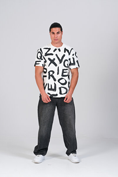 Harf Baskılı Oversize Kumaş Bisiklet Yaka T-shirt
