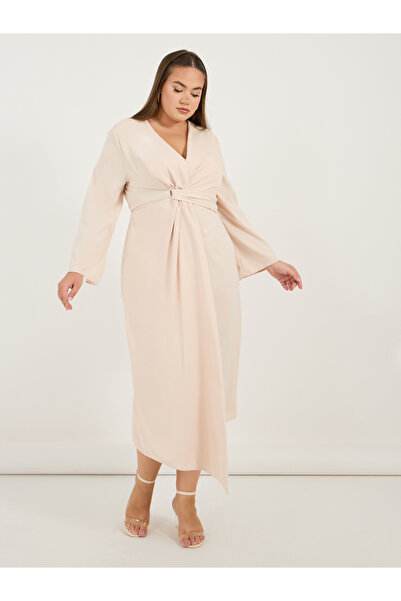 Styli Plus Size Solid Long Sleeves Wrap Front Midi Dress