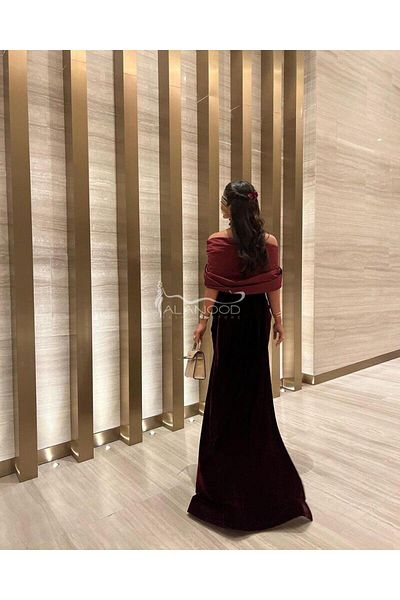 ALANOOD FASHION Burgundy red velvet off-the-shoulder dress