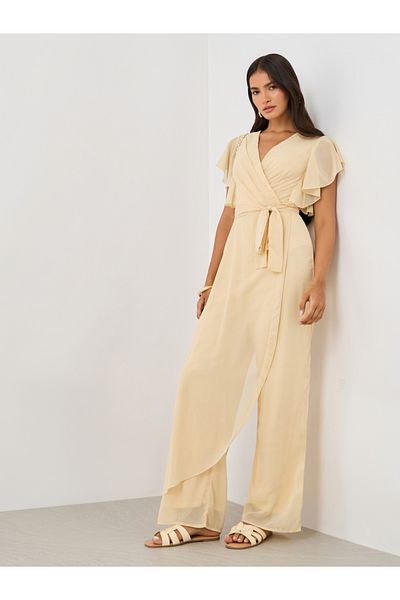 Styli Ruffled Sleeve V-Neck Wide Leg Jumpsuit