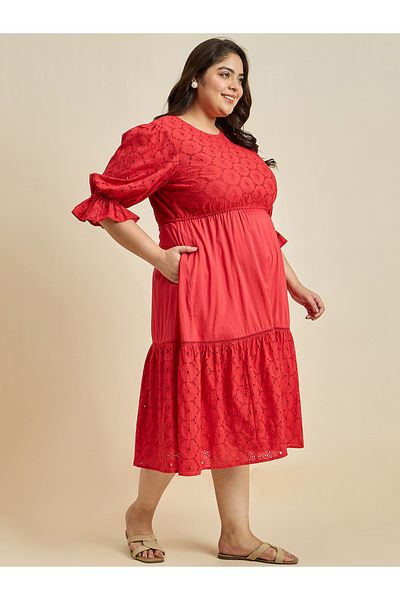 Femmella By Styli Texture Cotton Schiffli Tiered Midi Dress