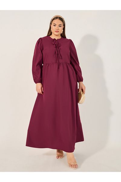 Styli Solid A-Line Maxi Dress with Tie-Up Bow Detail