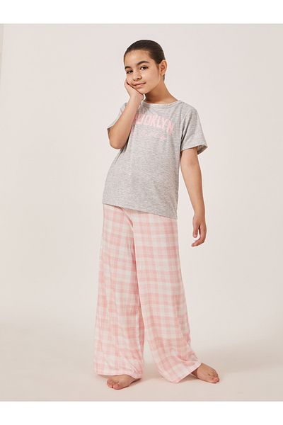 Styli Typography Print Short Sleeve T-Shirt and Checked Pyjama Set