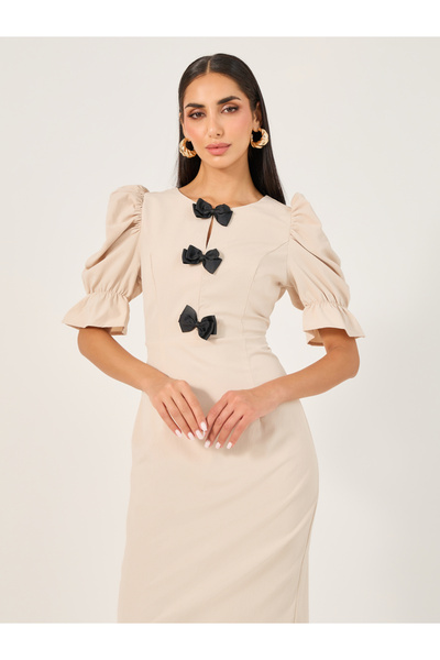 Take Two By Styli Plain Puff Sleeve Sheath Midi Dress with Bow Accent