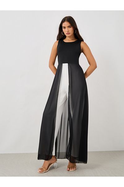 Styli Sleeveless Color Block Jumpsuit with Chiffon Skirt Detail