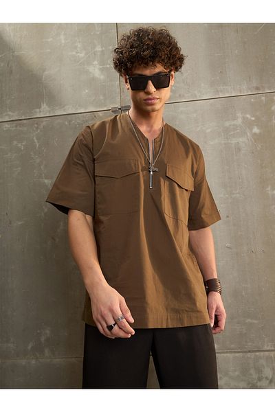 Sassafras By Styli Solid V Neck Zip Front Poplin Relaxed Fit Shirt