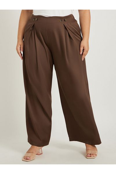 Styli Plus Size Solid Pleated Wide Leg Pants with Button Detail