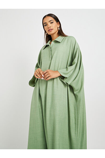 Styli Plain Collared Half-Button Front Kaftan