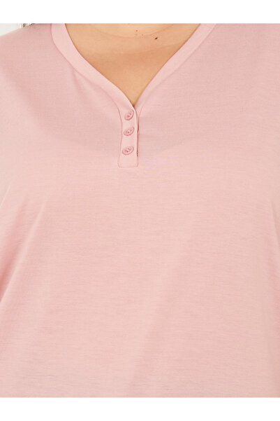 Styli Plus Size Plain Button Placket T-Shirt and Printed Pyjama Pants Set