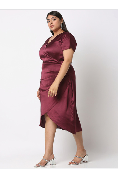 Mish By Styli Solid Satin Wrap V-Neck Dress with Pleated Detail