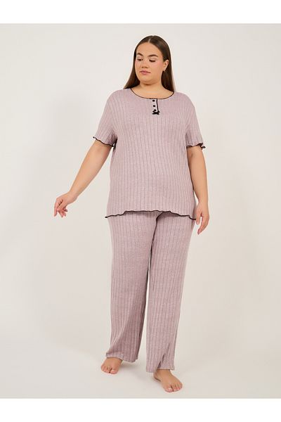 Styli Plus Size Rib Knit Round Neck Top and Pyjama Set