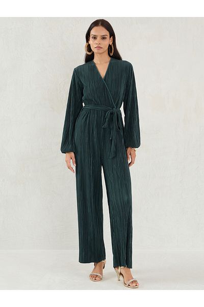 Femmella By Styli Solid Pleated Wrap Look Straight Leg Jumpsuit