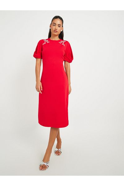 Styli Women Red Embellished Detail Short Sleeves Sheath Knee Length Dress