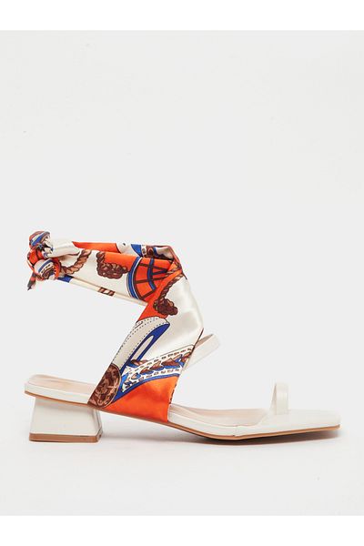 Styli Open Toe Block Heel Sandals with Printed Scarf