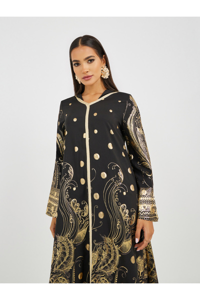 Keenly By Styli Women Black Foil Print Hooded A-Line Maxi Dress