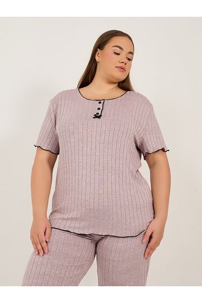 Styli Plus Size Rib Knit Round Neck Top and Pyjama Set
