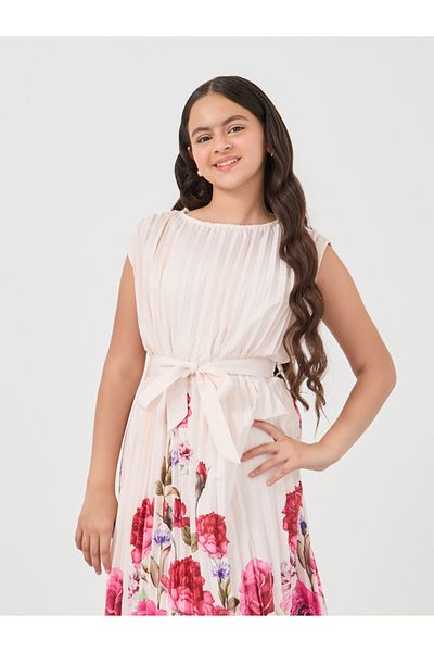 Styli Girls Floral Placement Print Pleated Dress with Belted Waist