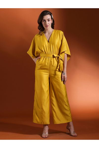 Globus Solid V Neck Kimono Sleeves Wide Leg Jumpsuit with Tie-Up