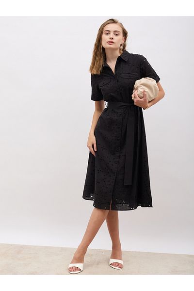 Styli Schiffli Short Sleeve Shirt Midi Dress with Belt Detail