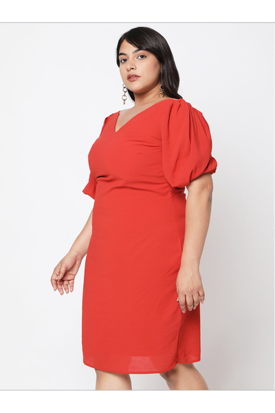 Mish By Styli Solid Wide V-Neck Short Puff Sleeve Dress