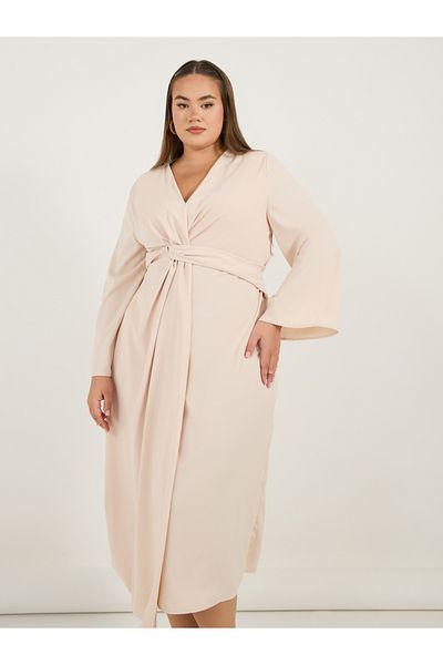 Styli Plus Size Solid Long Sleeves Wrap Front Midi Dress