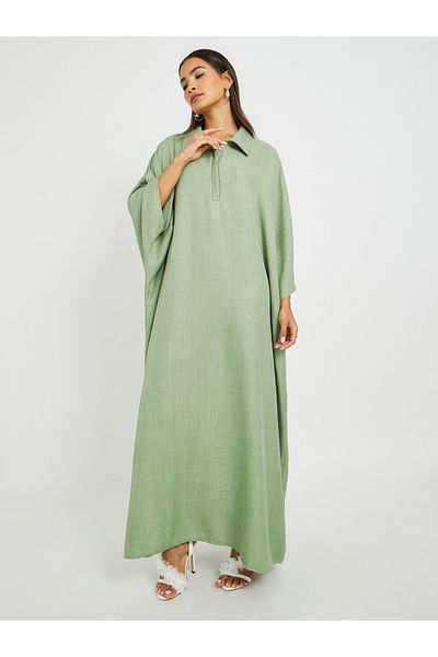 Styli Plain Collared Half-Button Front Kaftan