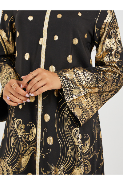 Keenly By Styli Women Black Foil Print Hooded A-Line Maxi Dress